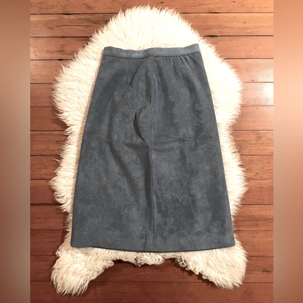 Blue Genuine Suede Leather Pleated Midi Skater Career Skirt